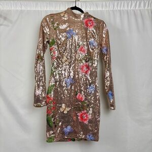 Xtaren Gold Sequin Long Sleeve Dress with Floral Accents